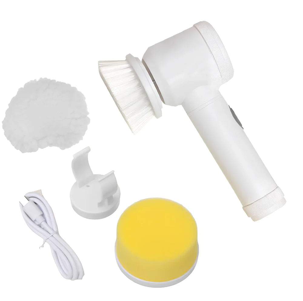 Electric cleaning brush with five interchangeable heads and rechargeable battery for kitchen and bathroom surfaces