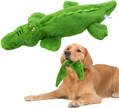 Dark green crocodile dog toy with squeaker and crinkle paper, measuring 20cm for aggressive chewers