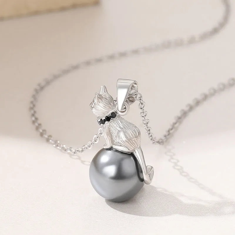 925 sterling silver cat pendant necklace with delicate clavicle chain and electroplated finish