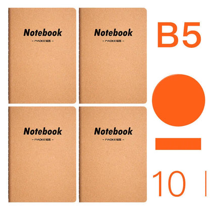 Pack of ten A5 kraft paper thread-bound notebooks with artistic cover designs lying flat.