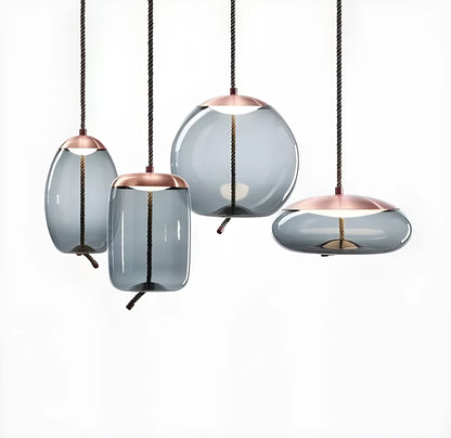 Glass chandelier with twine design, 30cm by 30.5cm, LED warm light, 220V, in amber, water blue, or smoke grey.