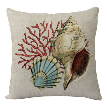 Linen cushion cover with detailed sea turtle pattern, showing invisible zipper closure.