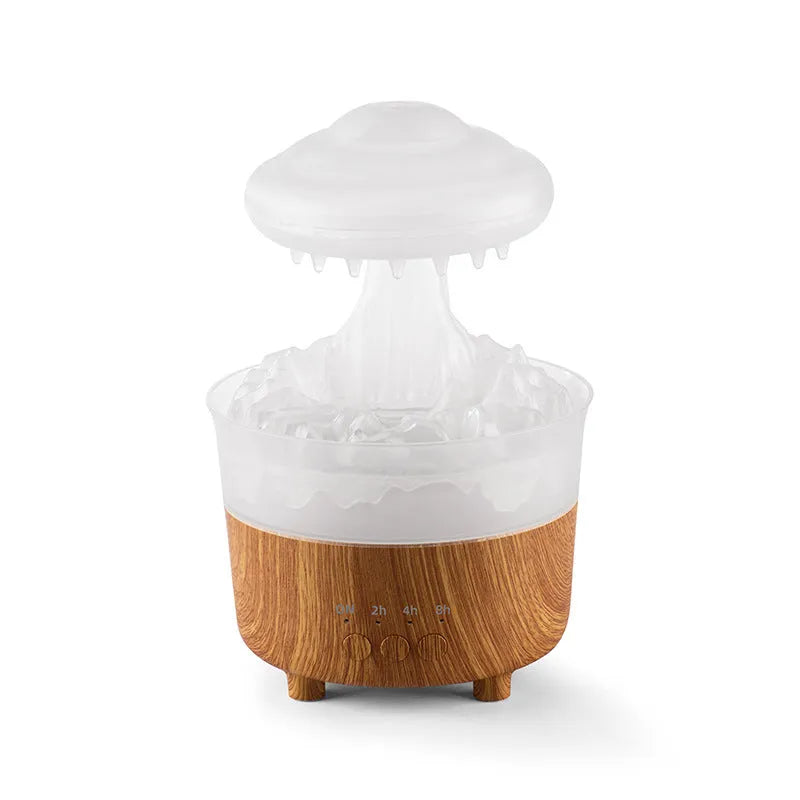 Wood grain white cloud-shaped humidifier with LED lights and water drip display