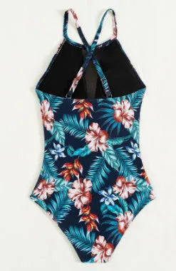 Women's deep V-neck one-piece swimsuit with polyester lining in gradient printing