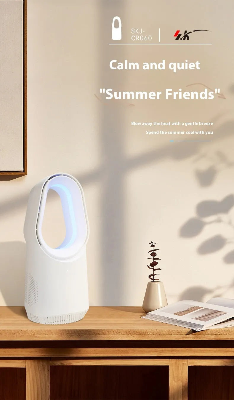 White bladeless tower floor fan with remote control and touch buttons on a desk.