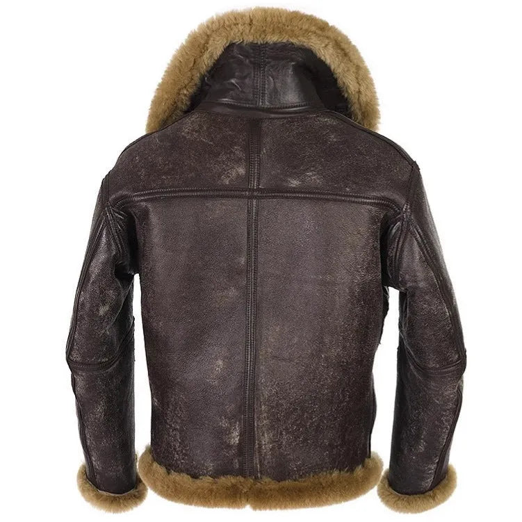 Men's brown synthetic leather fur coat with side pockets and straight hem, medium 65cm length winter jacket