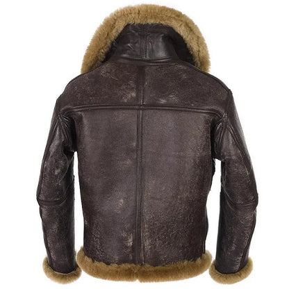 Men's brown synthetic leather fur coat with side pockets and straight hem, medium 65cm length winter jacket