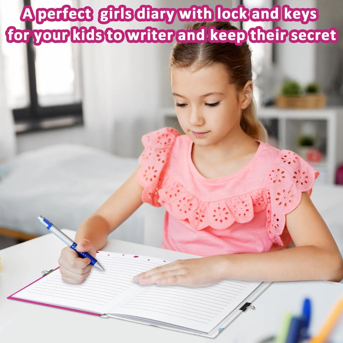 Children's mermaid printed notebook with lock, paper cover, thread binding, and 80 sheets of 70gsm raw wood pulp paper.