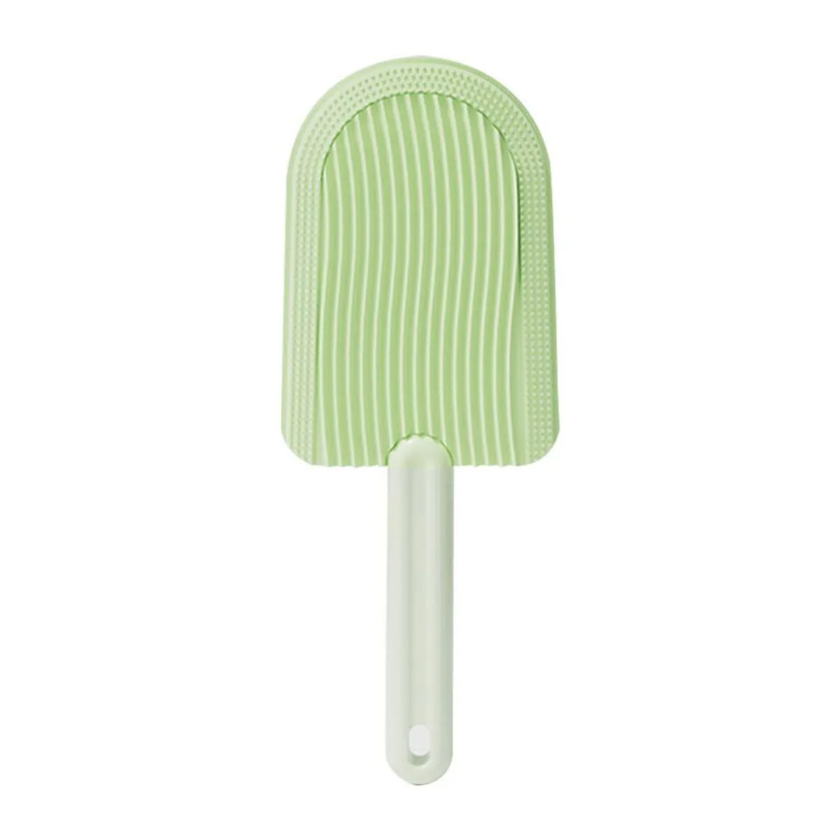 Foldable blue pet grooming brush with silicone teeth on a white background