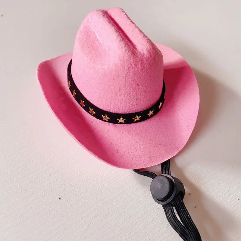 British cowboy hat for a cat on a stand, showing brown non woven fabric with a black ribbon trim.