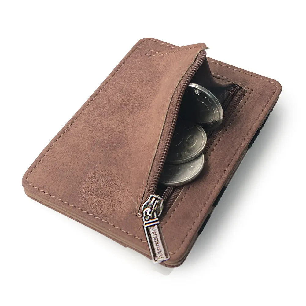 Korean style matte leather magic wallet showing horizontal square design and coin pocket
