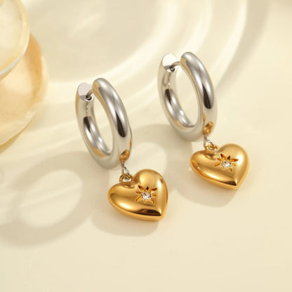 Stainless steel Christmas tree earrings with 18K electroplated finish and heart-shaped star ornament designs