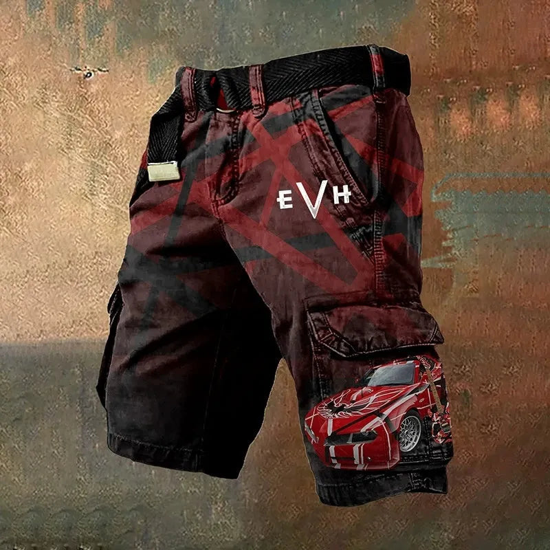 Man wearing grey 3D digitally printed polyester shorts with a zip fastening.