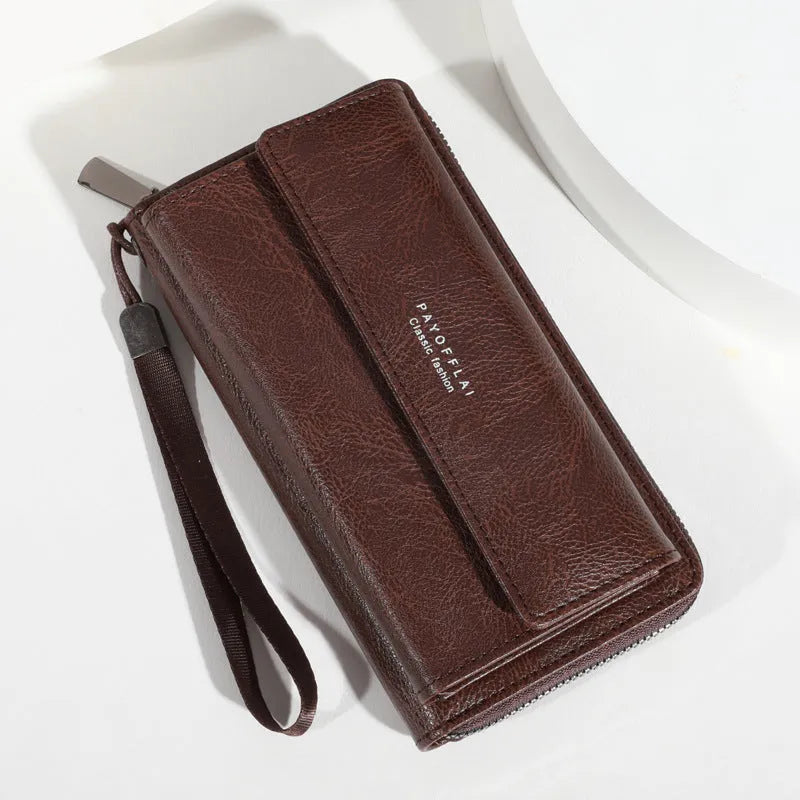 Men's black PU leather wallet showing multiple card slots and 19x10.5x4cm dimensions