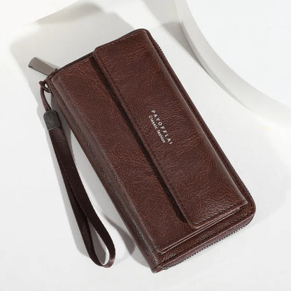 Men's black PU leather wallet showing multiple card slots and 19x10.5x4cm dimensions