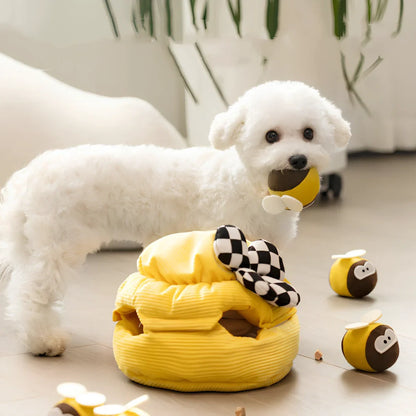 Honey pattern dog food puzzle toy with eight compartments for treat hiding and mental stimulation