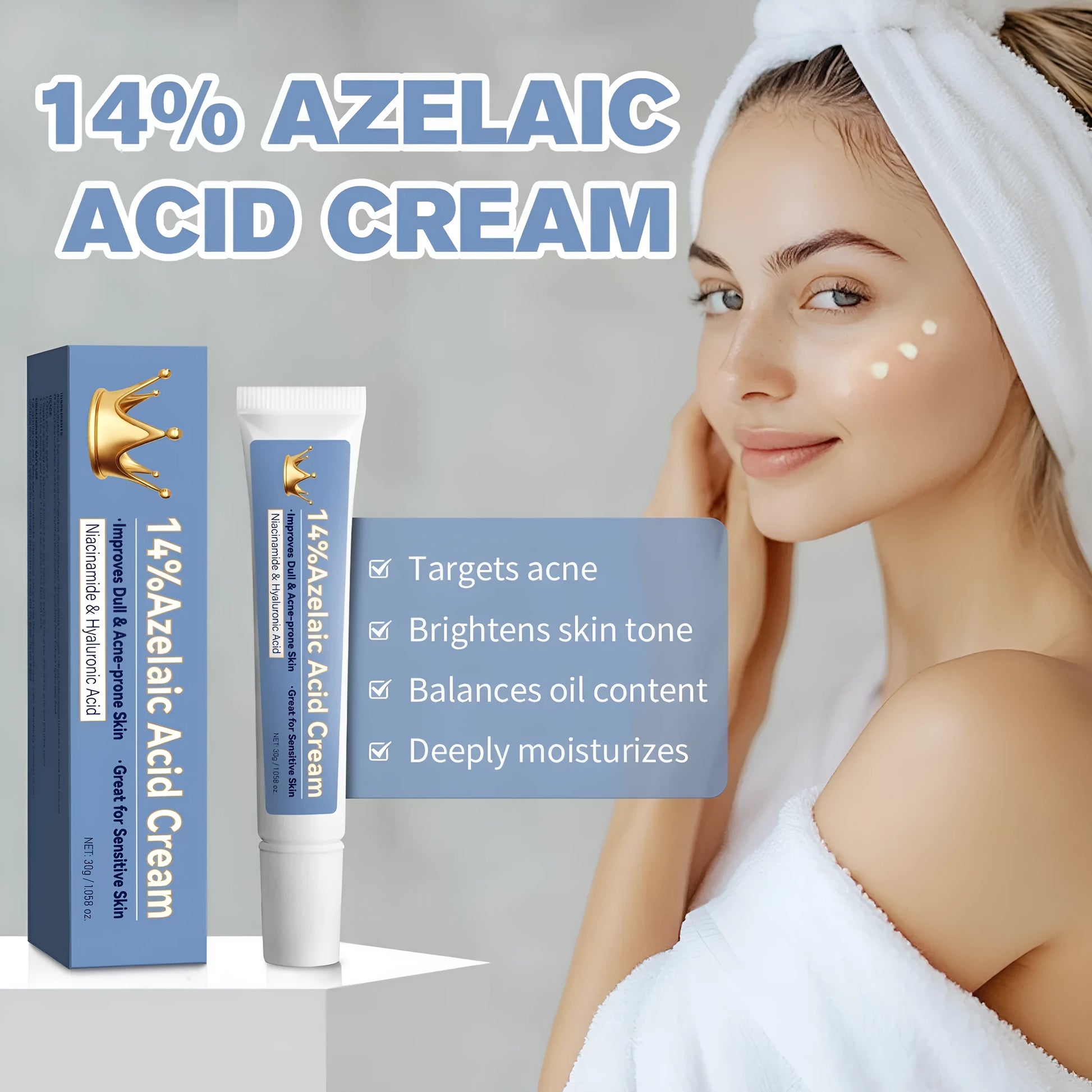 Blue azelaic acid cream tube with 30g content and FPA035 product code