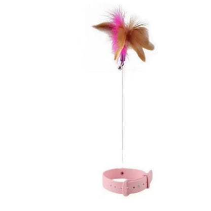 Adjustable cat feather collar toy with silicone teasing wand attached and bell in blue colour