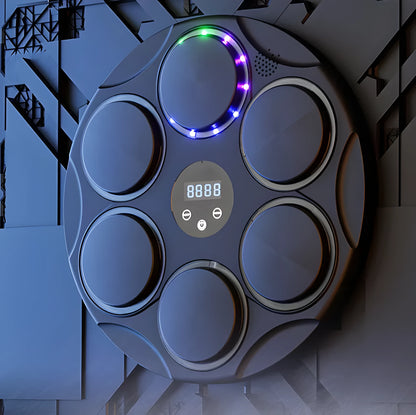Smart Bluetooth boxing target with coloured LED lights mounted on wall for home fitness training