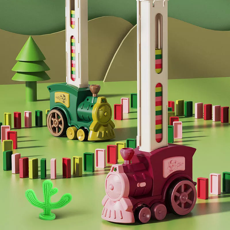 Electric domino train building blocks toy for children, available in dark green and wine red