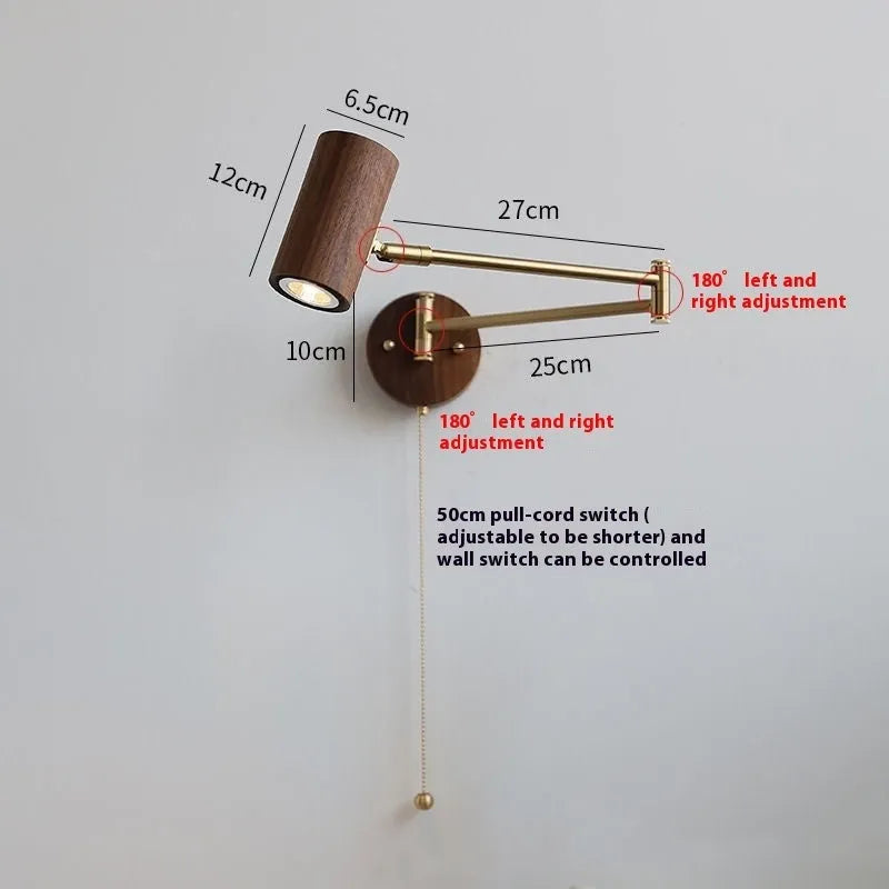 Retro wooden wall lamp with long rotating arm and integrated switch for adjustable spotlighting