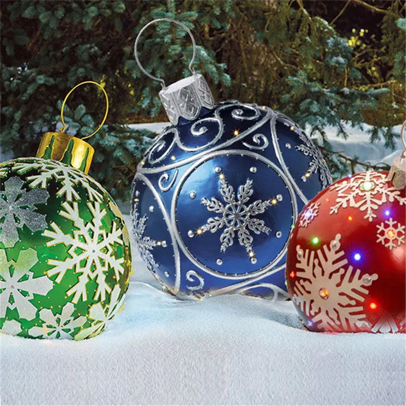 Large 60cm inflatable PVC Christmas decoration ball in bright colours for outdoor garden or tree display.