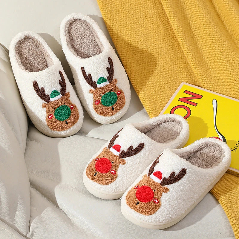 Cozy elk-themed winter home slippers in various candy colors with soft suede upper and supportive EVA sole