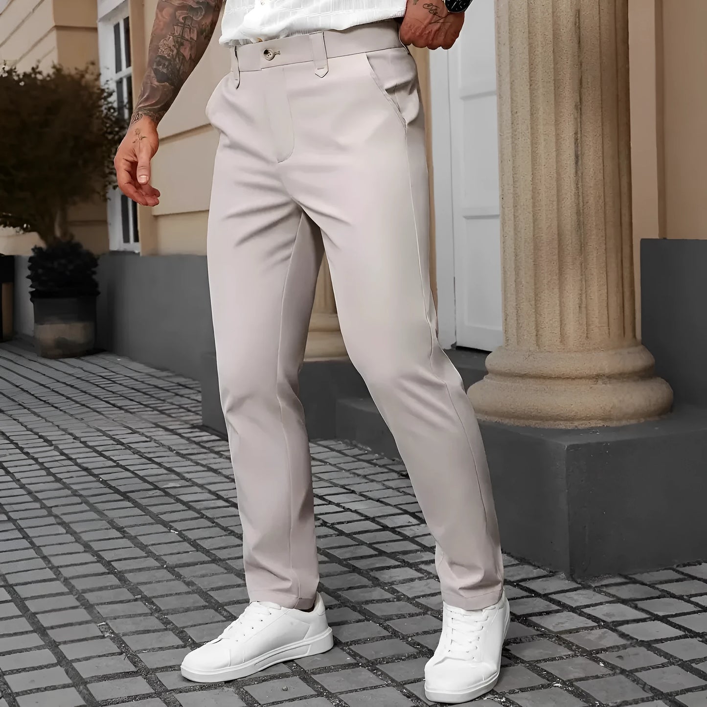 Men's straight leg light business trousers in polyester, shown in black, apricot, white, and grey colours.