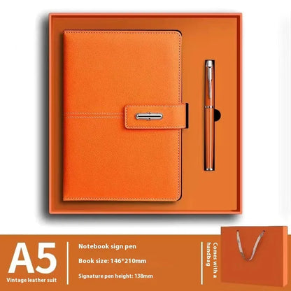 A5 notebook with imitation leather cover in colour options including black, red, green, blue, and orange.