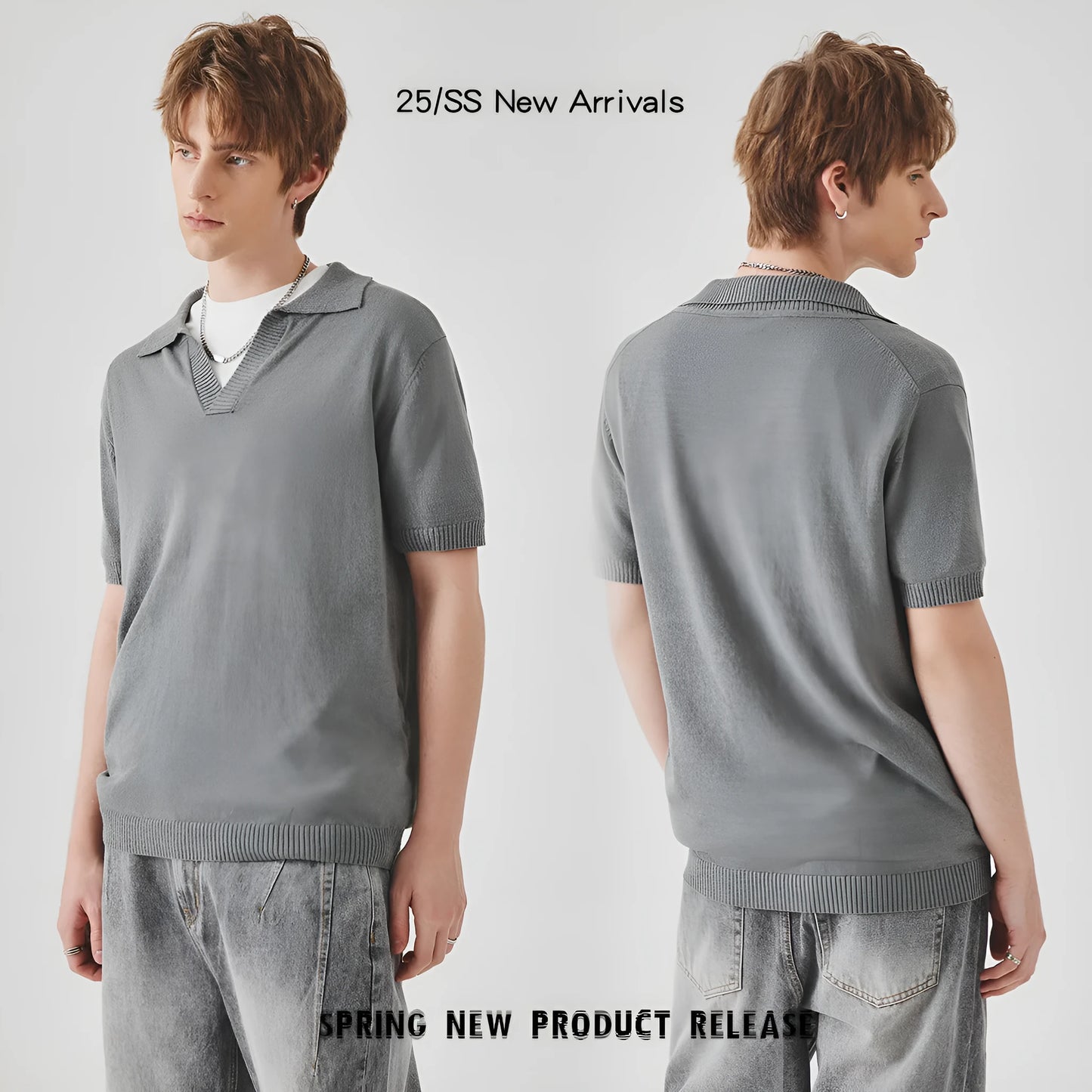 Knitted short-sleeved polo collar casual T-shirt in a solid colour on a hanger.