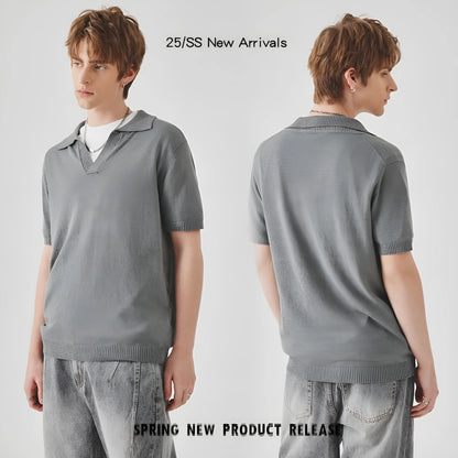 Knitted short-sleeved polo collar casual T-shirt in a solid colour on a hanger.