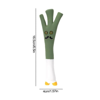Cartoon onion and eggplant latex dog chew toy in green, orange, or purple colour options.