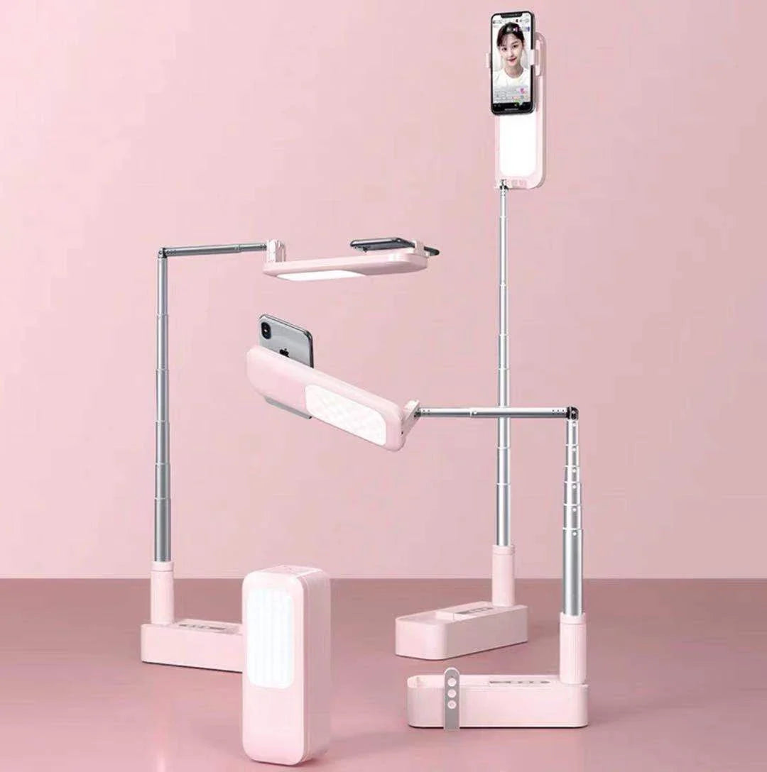 Adjustable multi-angle phone holder with integrated lighting and Bluetooth remote control for mobile photography and video recording