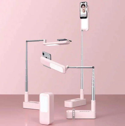 Adjustable multi-angle phone holder with integrated lighting and Bluetooth remote control for mobile photography and video recording