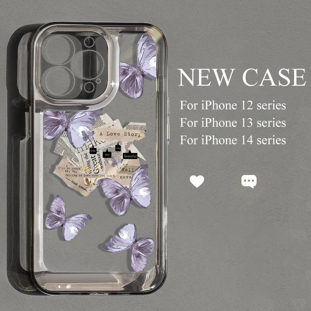 Purple butterfly TPU iPhone case in transparent black or white with lens fine hole and soft shell