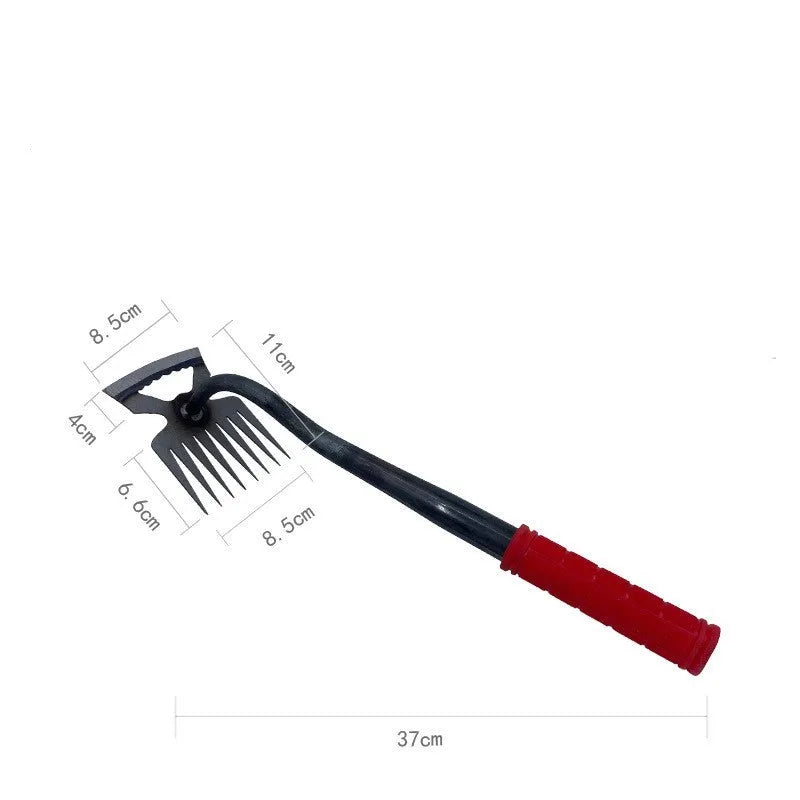 Alloy steel dual-purpose garden hoe and rake tool with multiple tooth configurations for digging and soil preparation