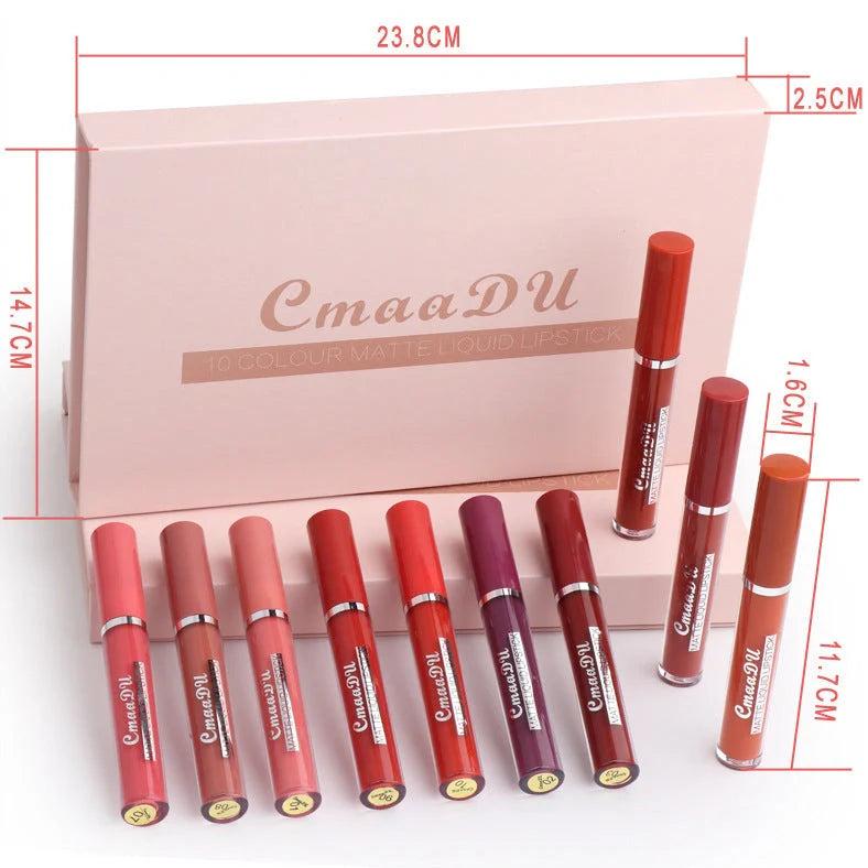 Set of 10 matte lipsticks with non-stick cup waterproof formula in packaging measuring 23.8cm