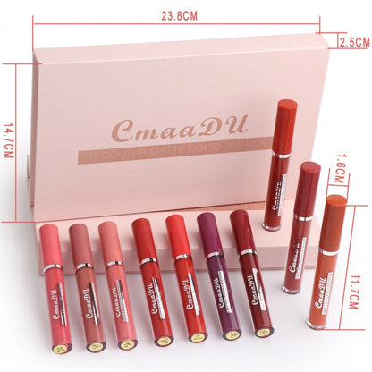 Set of 10 matte lipsticks with non-stick cup waterproof formula in packaging measuring 23.8cm