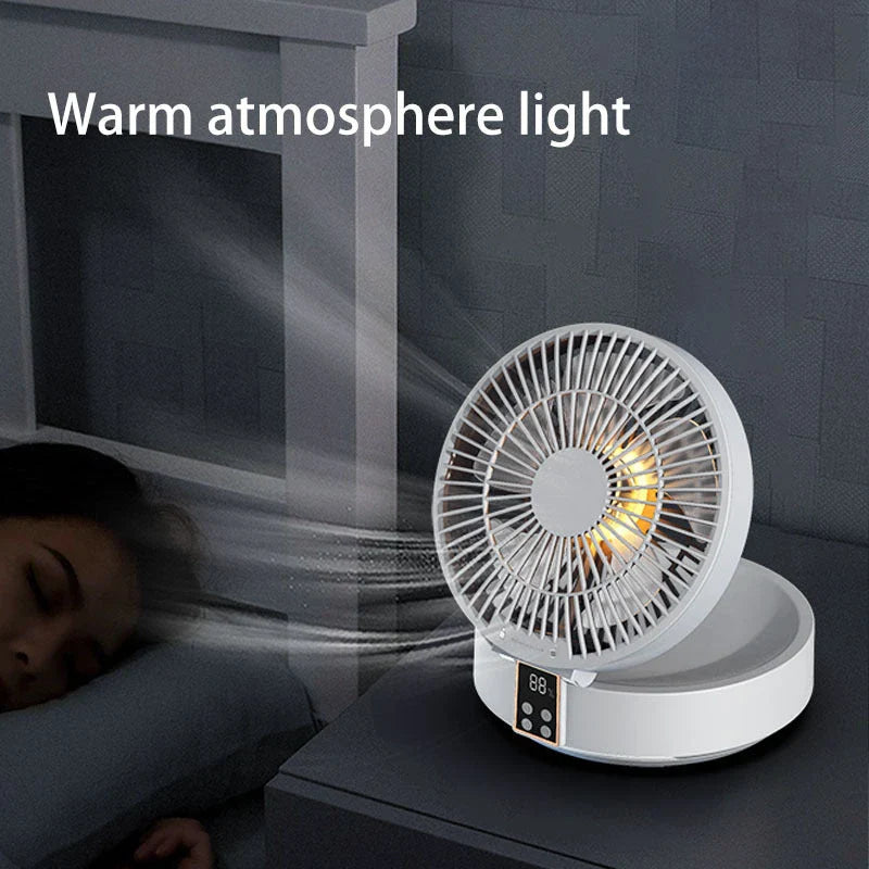 Rechargeable portable folding fan with USB charging, adjustable 3-speed airflow, and integrated night light for customized cooling and ambient lighting