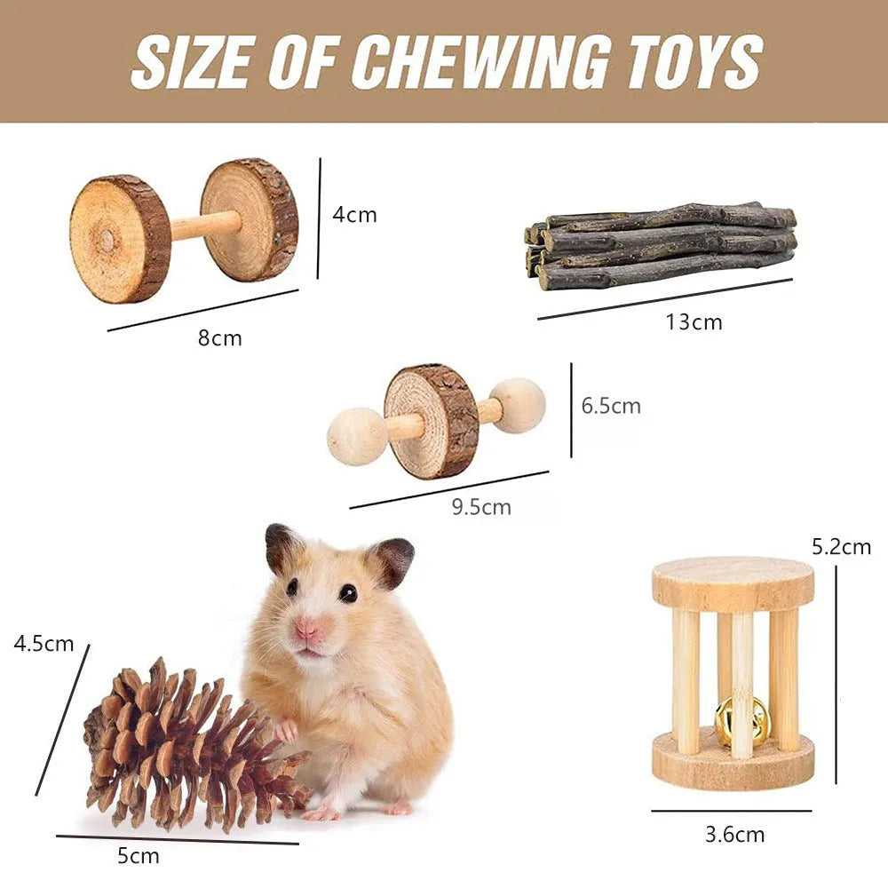Assorted natural wooden chew toys for small pets including balls, rings, and mats on a plain background.