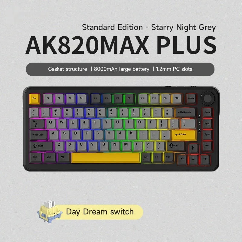 Three-mode mechanical keyboard with wireless hot-plug in black, grey and yellow colours