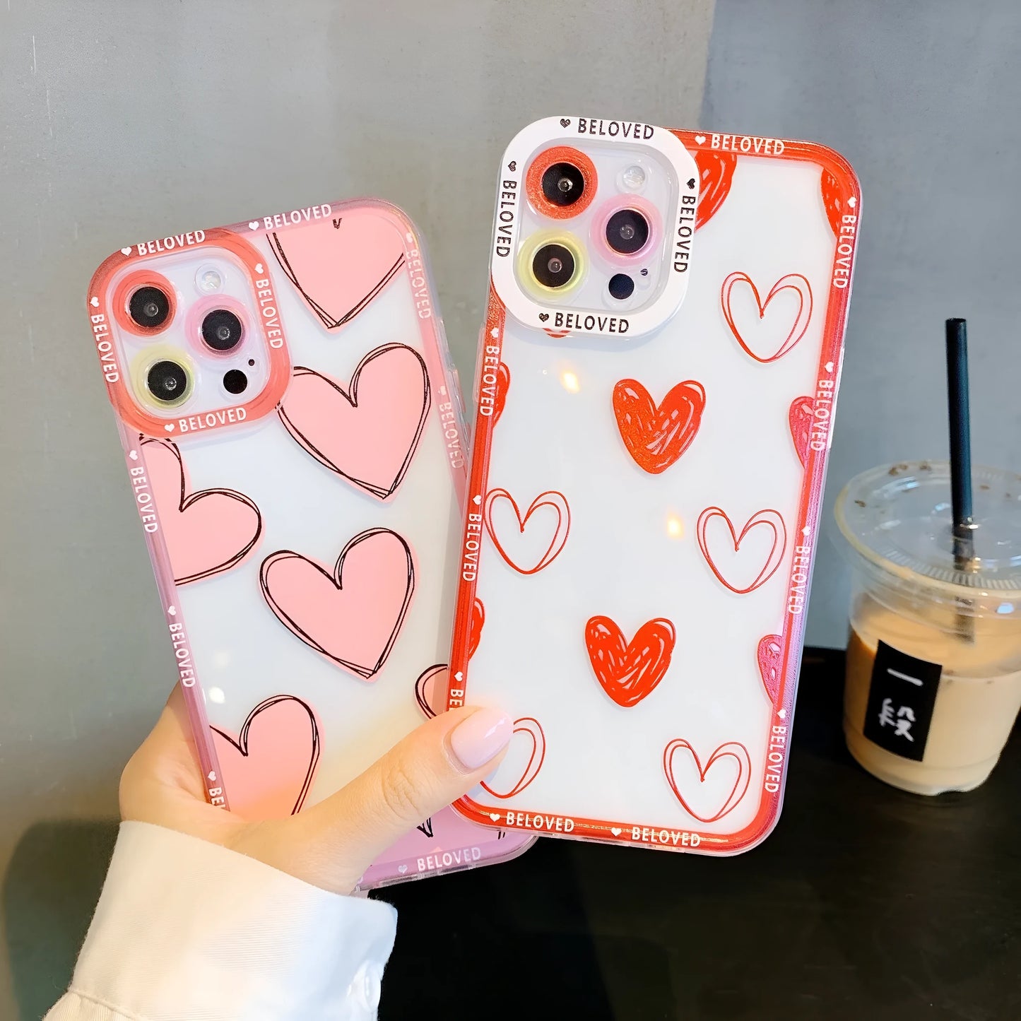 Pink and graffiti red TPU iPhone cases featuring love heart and angel eye designs for multiple models