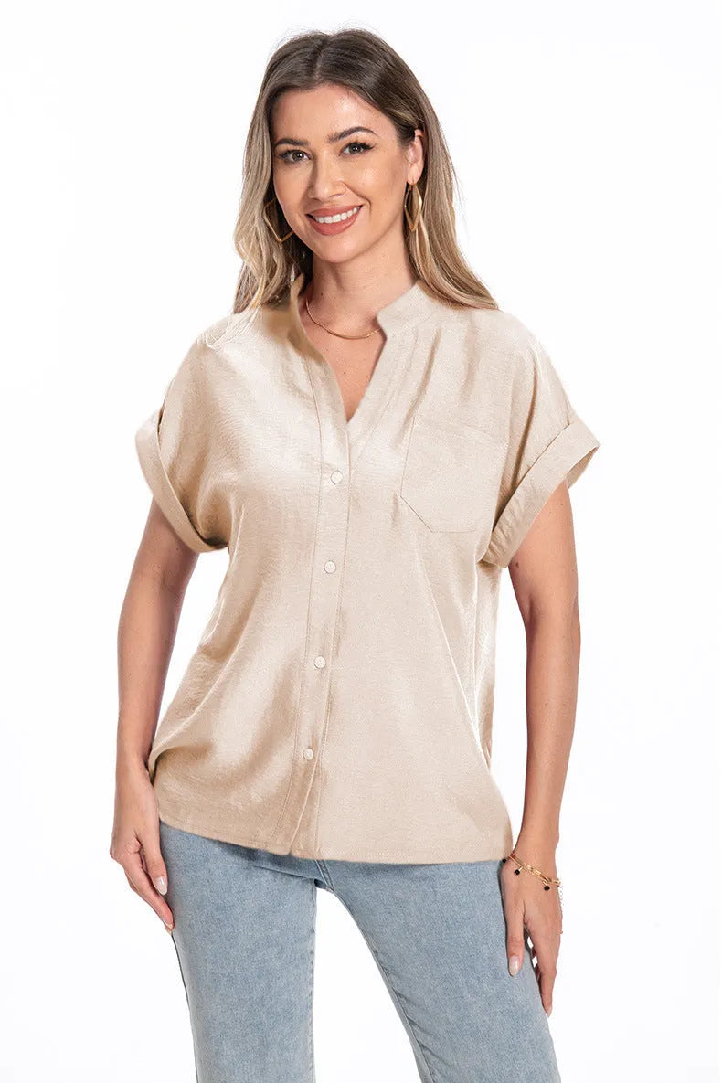 Women's loose-fit button-collar summer top in Army Green with short raglan sleeves.