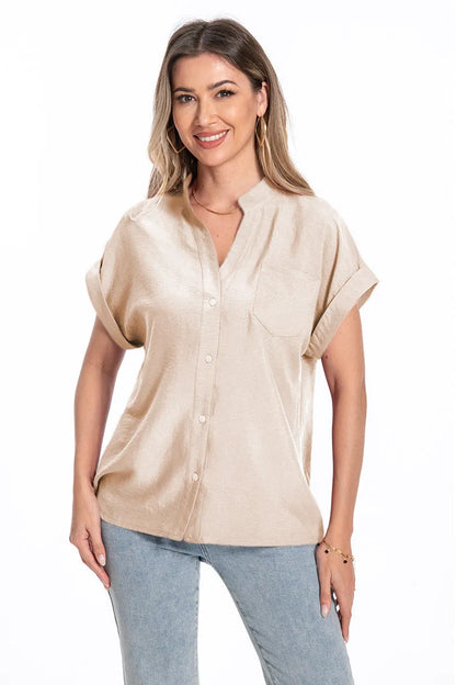 Women's loose-fit button-collar summer top in Army Green with short raglan sleeves.