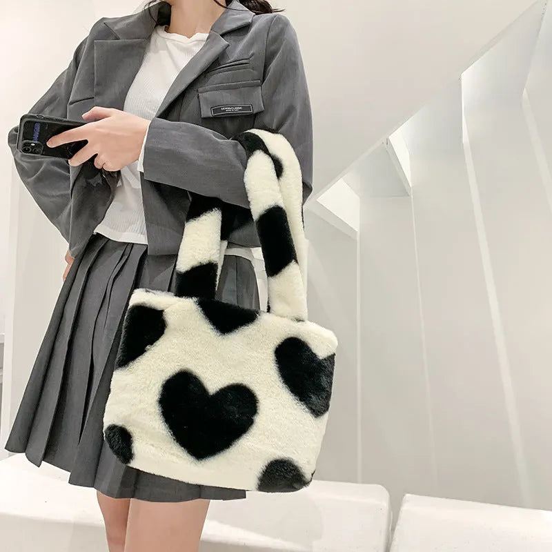 Fashion love heart womens furry fluffy bag in plush with contrast colour, underarm style, 24cm wide