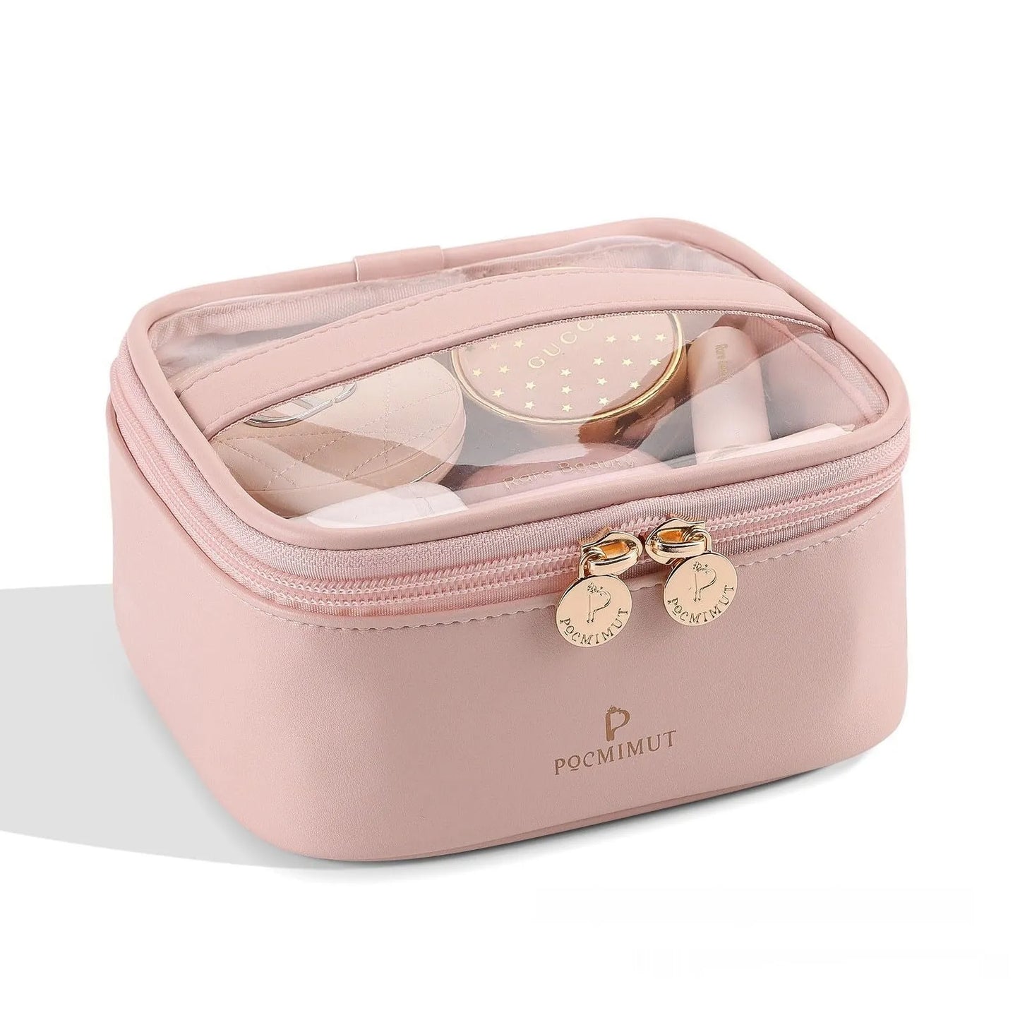 Transparent PVC leather cosmetic bag showing interior organisation with dry wet separation