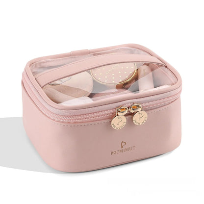Transparent PVC leather cosmetic bag showing interior organisation with dry wet separation