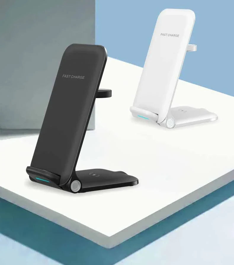 Adjustable three-in-one wireless charging station for smartphones, tablets, and smartwatches with space-saving and safety features
