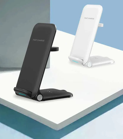 Adjustable three-in-one wireless charging station for smartphones, tablets, and smartwatches with space-saving and safety features