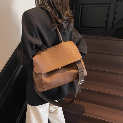 Horizontal square PU leather tote bag with double shoulder straps in khaki colour.